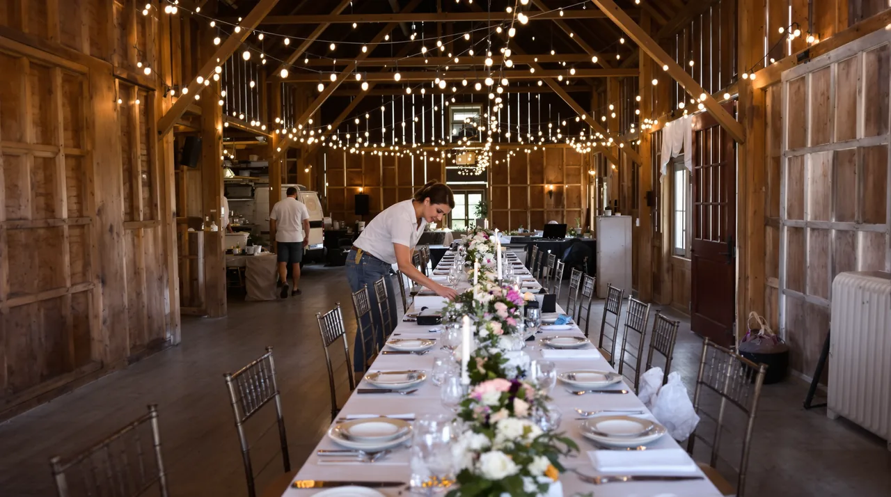 A long wedding table being set in a barn lit with string lights