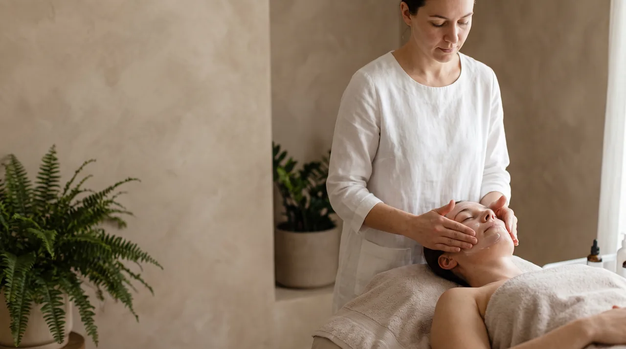 An aesthetician gives a client a calm facial treatment