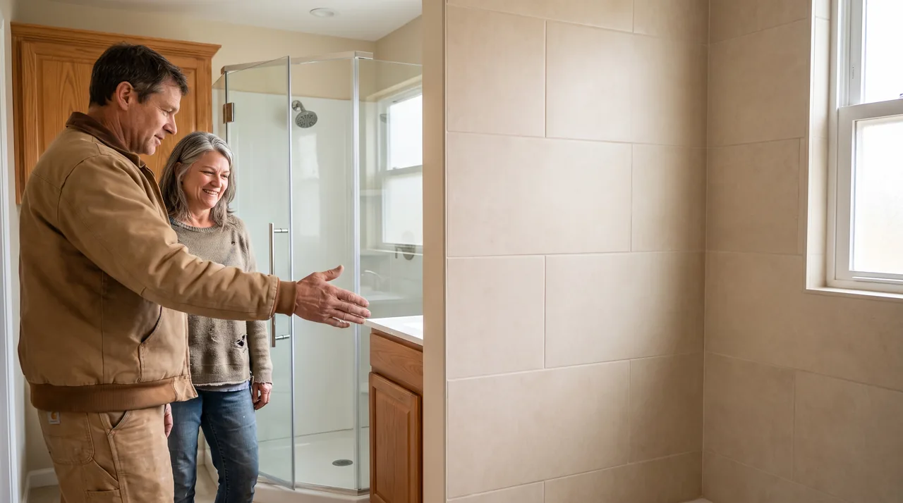 A contractor shows a homeowner her newly remodeled bathroom