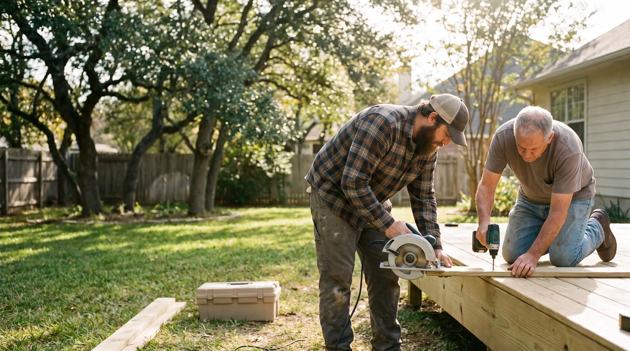 Two carpenters build a backyard deck
