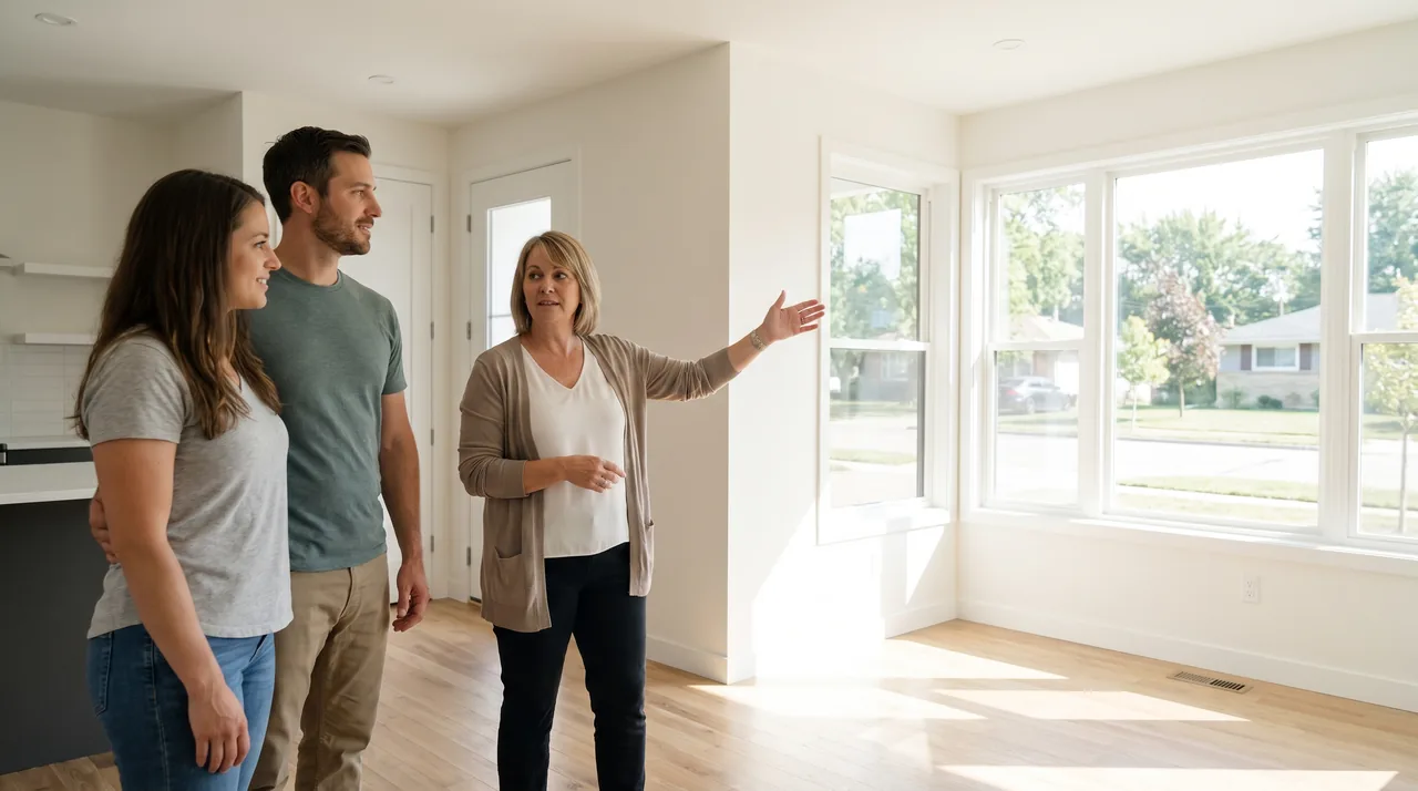 A real estate agent shows a young couple a bright, empty home